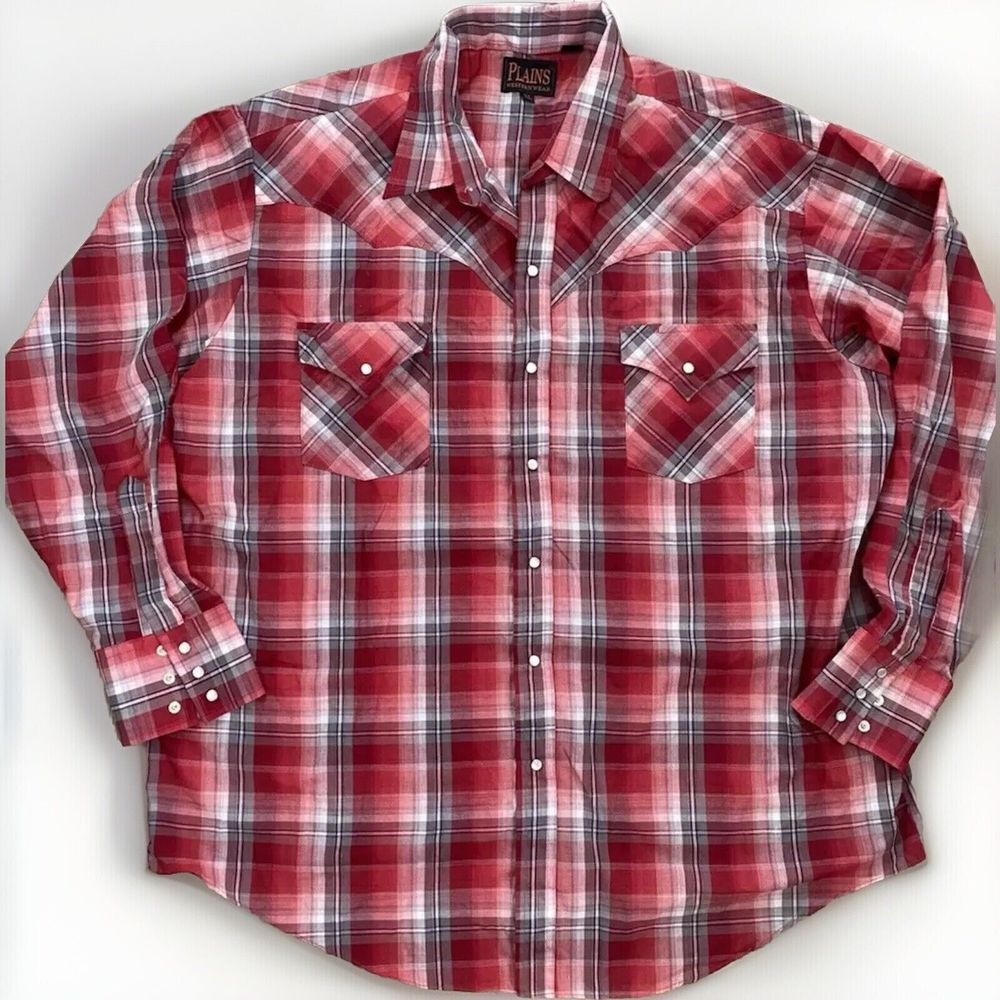 VTG Plains Western‎ Wear Men's XL Pearl Snap Plaid Long Sleeve Button Down Shirt